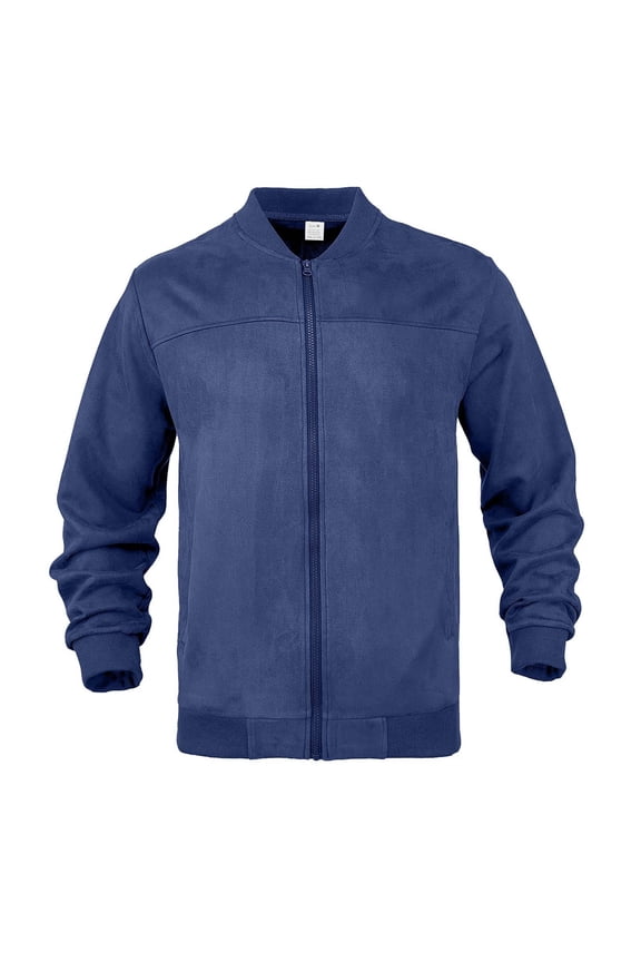 Men's Casual Suede Bomber Jacket Full Zip Stand Collar Lightweight Jackets Solid Color Vintage Flight Jacket with Pockets