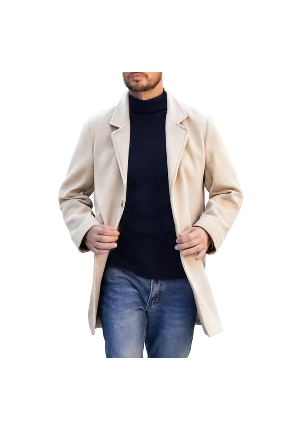 Men's Casual Woolen Overcoats Notched Lapel Single Breasted Warm Long Coats Winter Classic Solid Color Peacoat with Pockets