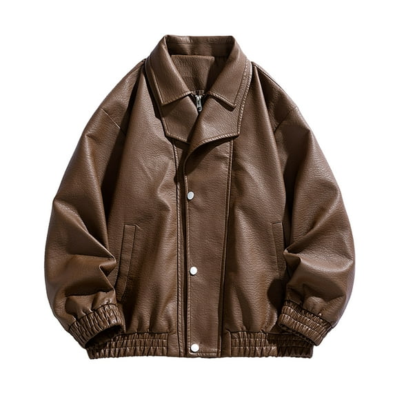 ZUKMRJPC Men's Classic Leather Motorcycle Jacket Vintage Solid Color Lapel Full Zipper Button Jackets Winter Warm Windproof Coats