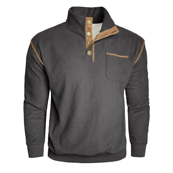 ZUKMRJPC Men's Corduroy Pullover Sweatshirts Casual Long Sleeve Half Button Down Turndown Collar Sweatshirt Solid Color Textured with Pocket