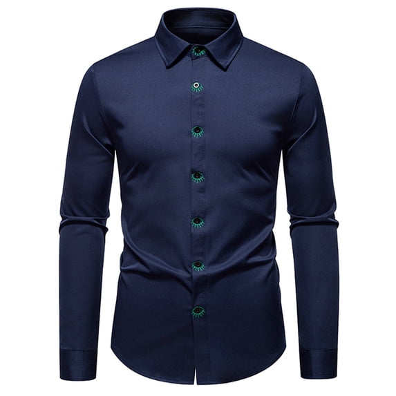 ZUKMRJPC Men's Dress Shirts Long Sleeve Fashion Embroidery Free-Wrinkle Formal Shirts Regular Fit Business Casual Solid Color Button Down Shirts