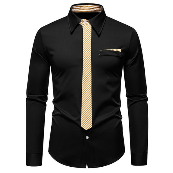 ZUKMRJPC Men's Dress Shirts Long Sleeve Fashion Patchwork Striped Tie Shirts Regular Fit Solid Color Lapel Button Down Formal Shirts