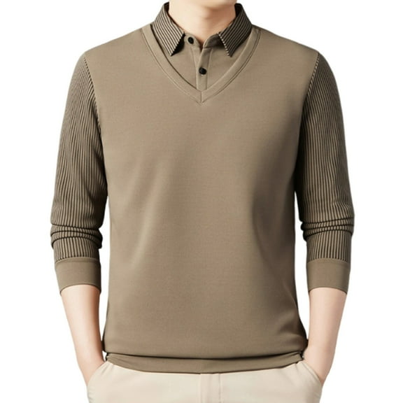 ZUKMRJPC Men's Fake Two Pieces Shirts Fall Casual Solid Color Striped Lapel Button Pullover T-Shirts Fashion Base Tops
