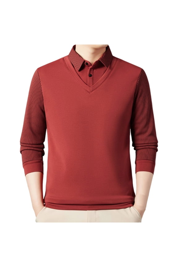 Men's Fake Two Pieces Shirts Fall Casual Solid Color Striped Lapel Button Pullover T-Shirts Fashion Base Tops