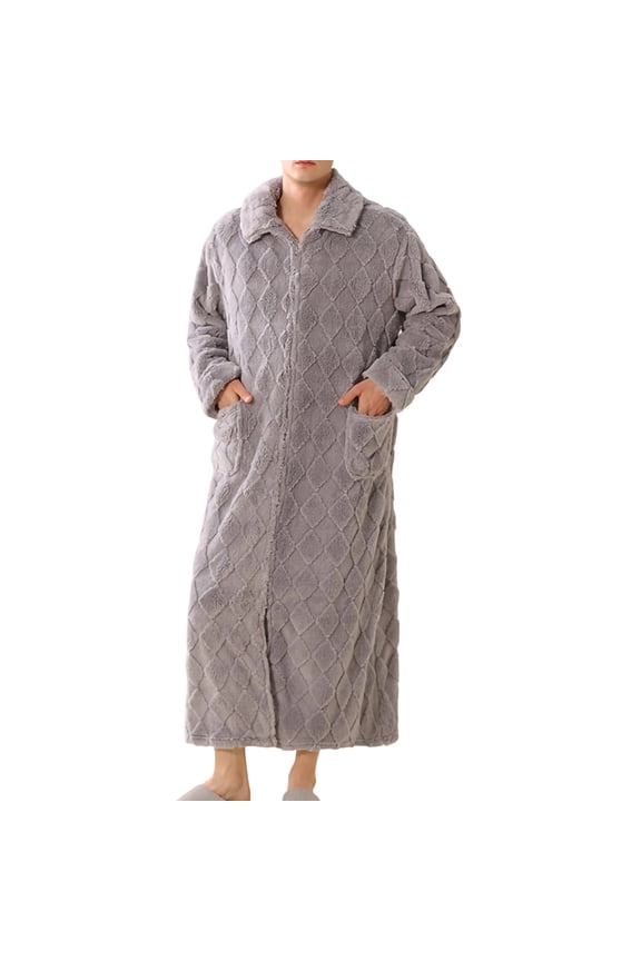 Men's Flannel Bathrobes Zip Up Long Sleeve Long Fleece Fluffy Housecoats Soft Warm Comfy Solid Color Nightgown Home Wear with Pocket