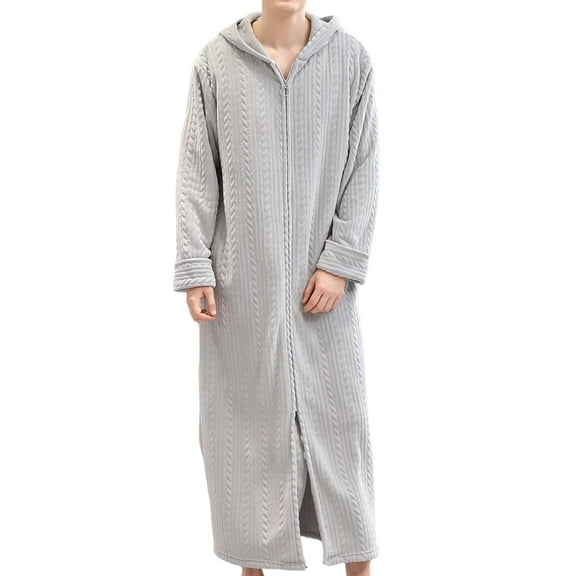 ZUKMRJPC Men's Flannel Bathrobes Zip Up Long Sleeve Warm Fluffy Fleece Hooded Housecoats Soft Comfy Nightgown Home Wear with Pocket
