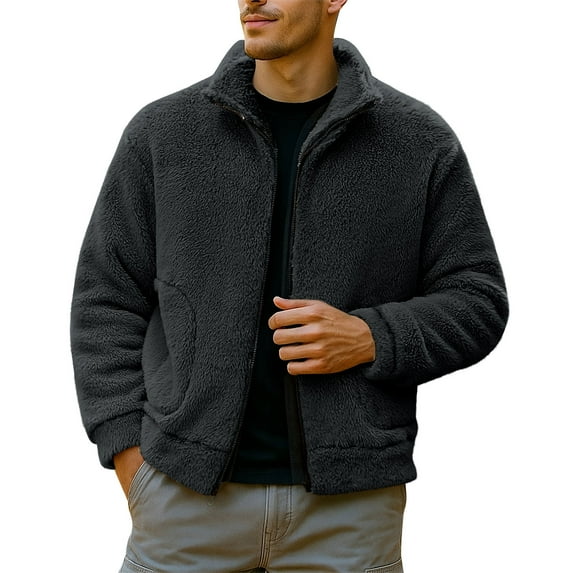 ZUKMRJPC Men's Fleece Jacket Long Sleeve Full Zip Up Stand Collar Loose Jacket Soft Breathable Winter Warm Outwear with Pockets