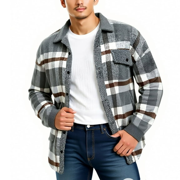 ZUKMRJPC Men's Fleece Shirts Jacket Classic Vintage Plaid Lapel Button Down Long Sleeve Shirts Fall Winter Warm Comfy Thick Jacket with Pockets