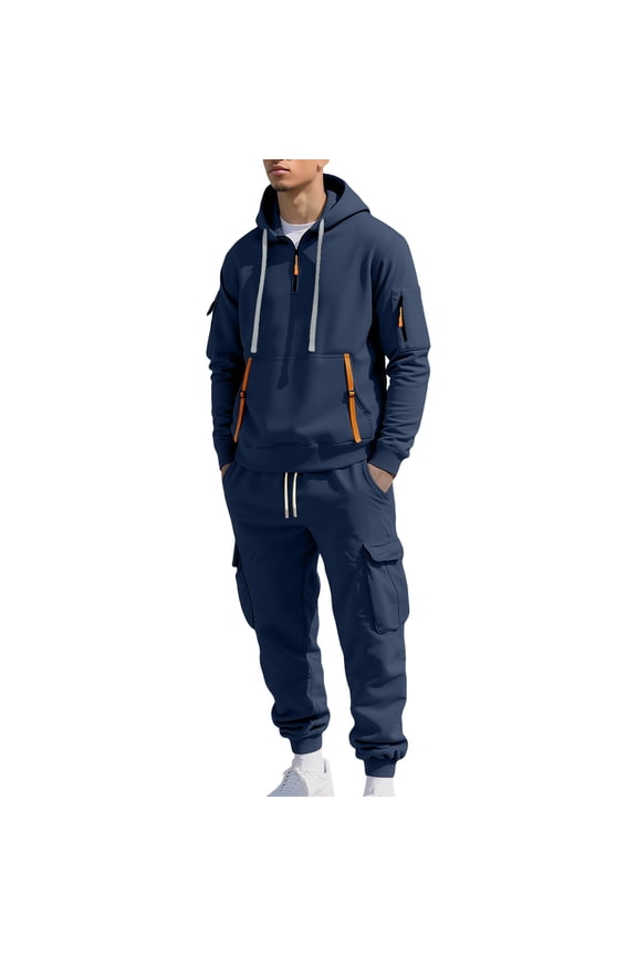Men's Fleece Tracksuit Set 2 Piece Quarter Zip Fashion Hooded Sweatshirts with Drawstring Pants Sets Casual Jogging Sports Suits