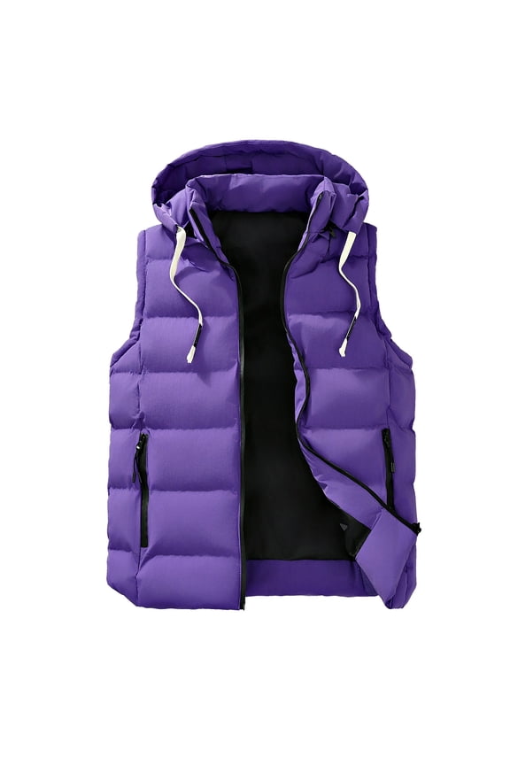 Men's Full Zip Puffer Vest Drawstring Lightweight Casual Padded Jacket Winter Warm Fluffy Sleeveless Quilted Jacket with Pocket