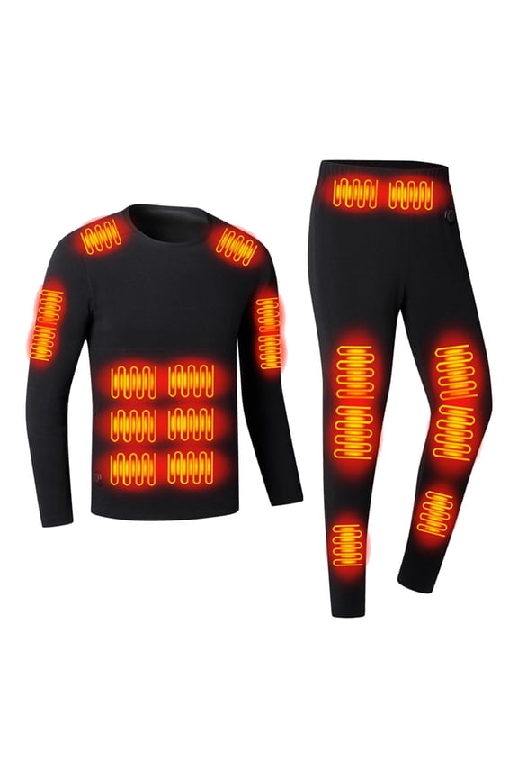 Men's Heated Thermals Underwear Set 42 Heating Zones Solid Color Electric Heating Baselayer Tops and Pants Set for Cold Weather