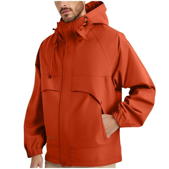 ZUKMRJPC Men's Hooded Jacket Zipper Long Sleeve Windproof Waterproof Drawstring Solid Color Outwear with Pocket for Outdoor Hiking Travel