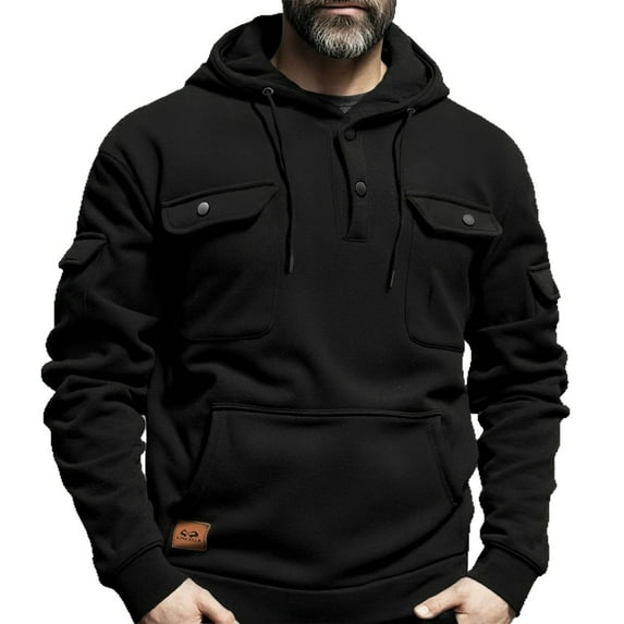 ZUKMRJPC Men's Hooded Sweatshirts Casual Long Sleeve Fleece Lined Button Down Drawstring Solid Color Pullover Hoodies with Multi-Pockets