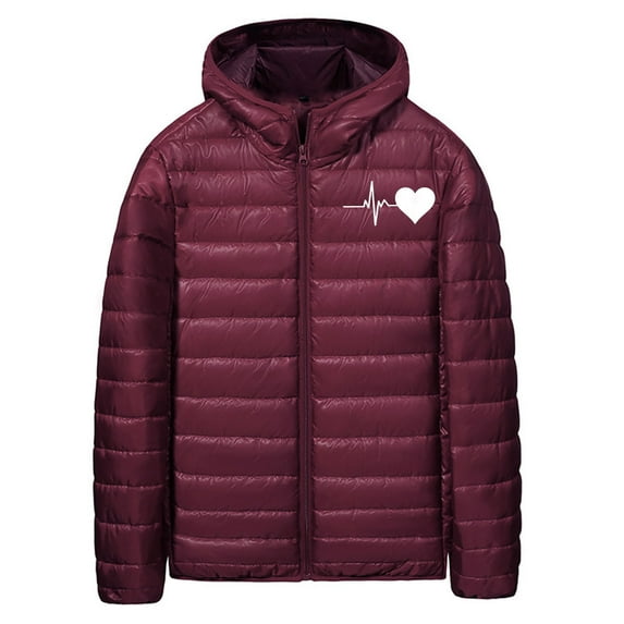 ZUKMRJPC Men's Lightweight Puffer Jacket Full Zip Up Fashion Heart Print Soft Comfy Waterproof Quilted Hooded Outwear Winter Warm Coat