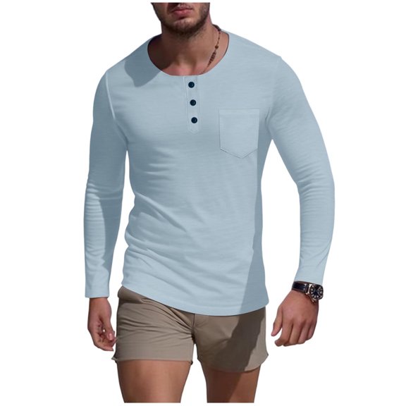 ZUKMRJPC Men's Long Sleeve Cotton T-Shirt Fall Lightweight Solid Color Soft Comfy Pullover Shirt Casual Crewneck Button Undershirt Basic Tops