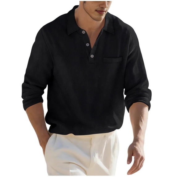 ZUKMRJPC Men's Long Sleeve Linen Shirts Quarter Button Collared Solid Color Golf Shirts Summer Lightweight Beach Vacation T-Shirts