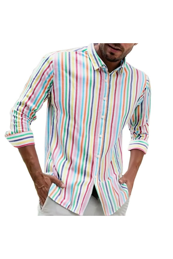 Men's Long Sleeve Shirts Casual Rainbow Stripes Print Button Down Lapel Shirts Fall Fashion Regular Fit Shirt