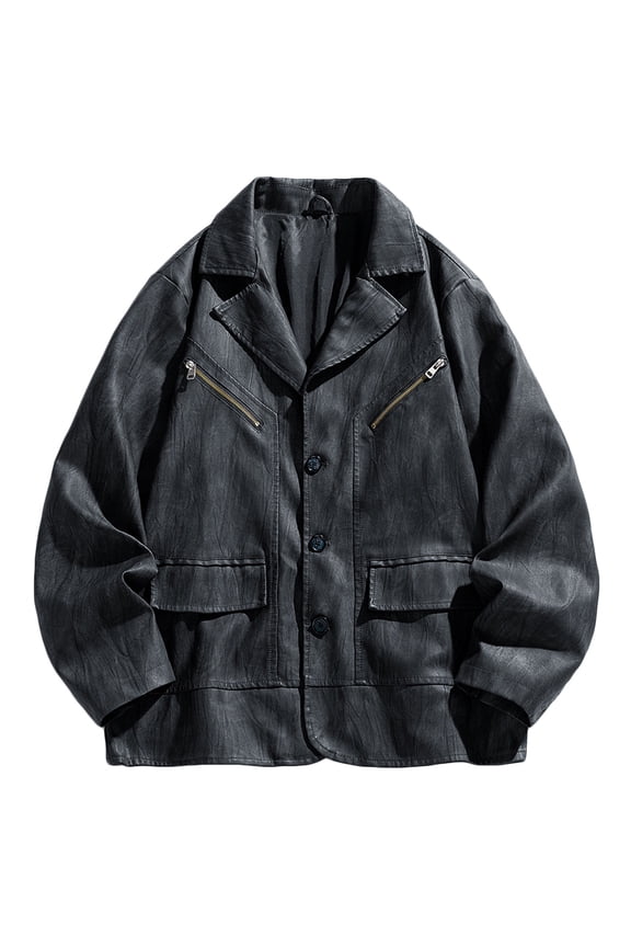 Men's Motorbike Leather Jacket Vintage Solid Color Button Down Turndown Collar PU Leather Jackets Fall Fashion Outwear with Pocket