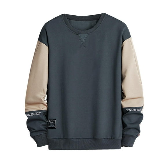 ZUKMRJPC Men's Patchwork Long Sleeved T-Shirt Casual Round Neck Color Block Pullover Tees Fall Regular-Fit Daily Basic Style Tops