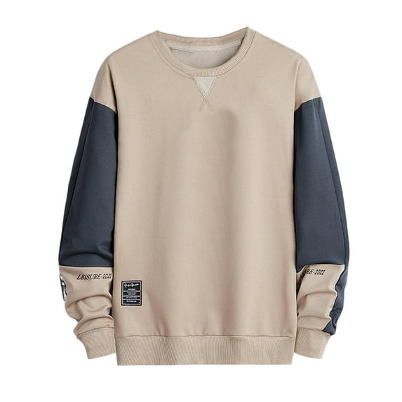 ZUKMRJPC Men's Patchwork Long Sleeved T-Shirt Casual Round Neck Color Block Pullover Tees Fall Regular-Fit Daily Basic Style Tops