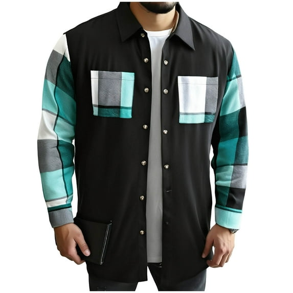 ZUKMRJPC Men's Patchwork Plaid Shirts Jacket Fashion Lightweight Lapel Button Down Shirts Casual Long Sleeve Vintage Jacket with Pockets