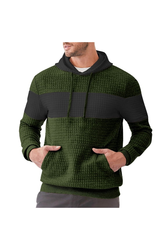 Men's Patchwork Pullover Hoodies Casual Long Sleeve Color Block Textured Hooded Sweatshirt Regular Fit with Kangaroo Pocket
