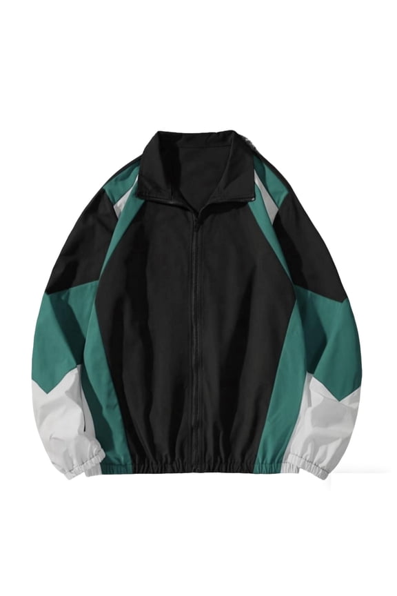 Men's Patchwork Varsity Jacket Zipper Color Block Lightweight Waterproof Vintage Stand Collar Loose Windbreaker Jackets with Pocket