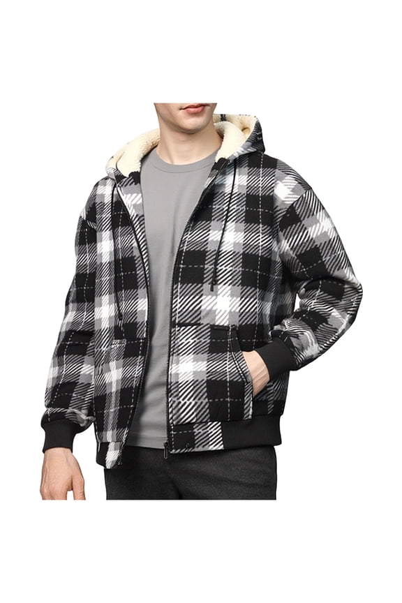 Men's Plaid Hooded Jacket Full Zip Drawstring Fleece Lined Shirt Jacket Soft Comfy Winter Warm Outwear with Pockets