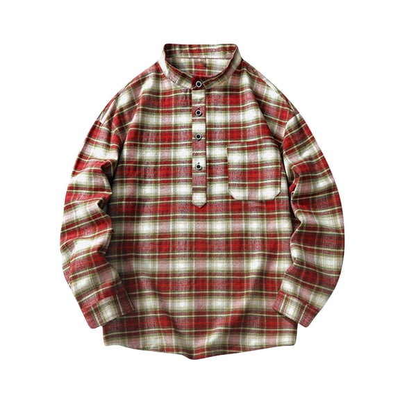 ZUKMRJPC Men's Plaid Shirts Half Button Down Long Sleeve Stand Collar Pullover Shirts Casual Lightweight Fashion Work Shirt with Pocket