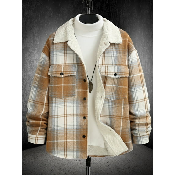 ZUKMRJPC Men's Plaid Shirts Jacket Lightweight Vintage Turndown Collar Fleece Lined Flannel Jacket Casual Button Up Shirt with Flap Pockets