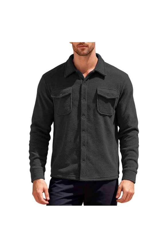 Men's Polar Fleece Shirt Jacket Long Sleeve Button Down Heavyweight Shirts Regular Fit Solid Color Casual Warm Shirt with Pockets