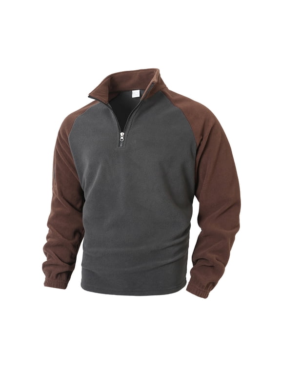 Men's Polar Fleece Sweatshirt Long Sleeve Quarter Zip Color Block Sweater Slim Fit Stand Collar Casual Warm Pullover Tops