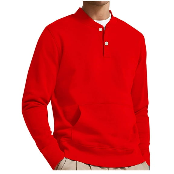 ZUKMRJPC Men's Quarter Button Sweatshirt Long Sleeve Casual Stand Collar Pullover Slim Fit Fleece Lined Warm Tops with Kangaroo Pocket