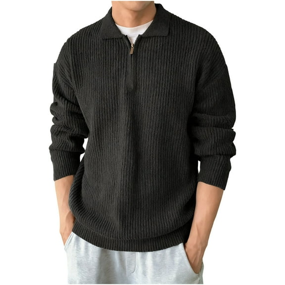 ZUKMRJPC Men's Quarter Zip Pullover Sweater Long Sleeve Lapel Knitted Texture Sweaters Fall Loose Comfy Solid Color Casual Work Tops