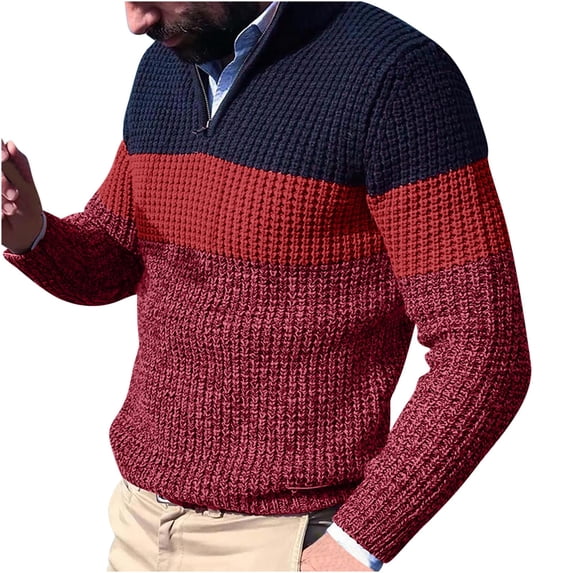 ZUKMRJPC Men's Quarter Zip Sweaters Slim Fit Long Sleeve Color Block Casual Pullover Sweater Chunky Knit Textured Stand Collar Warm Sweater