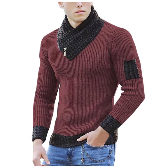 ZUKMRJPC Men's Shawl Collar Pullover Sweater Long Sleeve Patchwork Slim Fit Chunky Knit Turtleneck Sweater Trendy Winter Warm Tops