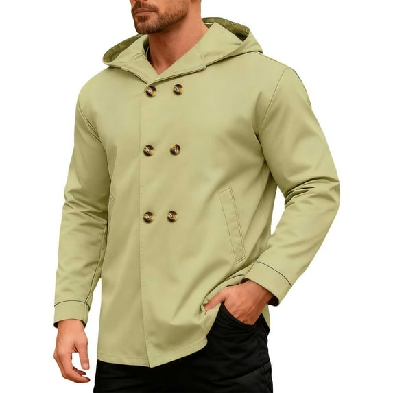ZUKMRJPC Men's Short Hooded Overcoat Solid Color Casual Double Breasted Pea Coats Winter Warm Loose Mid Long Windbreaker with Pockets