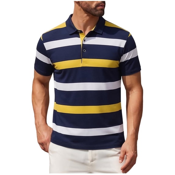 ZUKMRJPC Men's Striped Golf Shirts Classic 3 Buttons Collar Casual Summer Basic Tops Regular Fit Soft Comfortable Business Work Tops