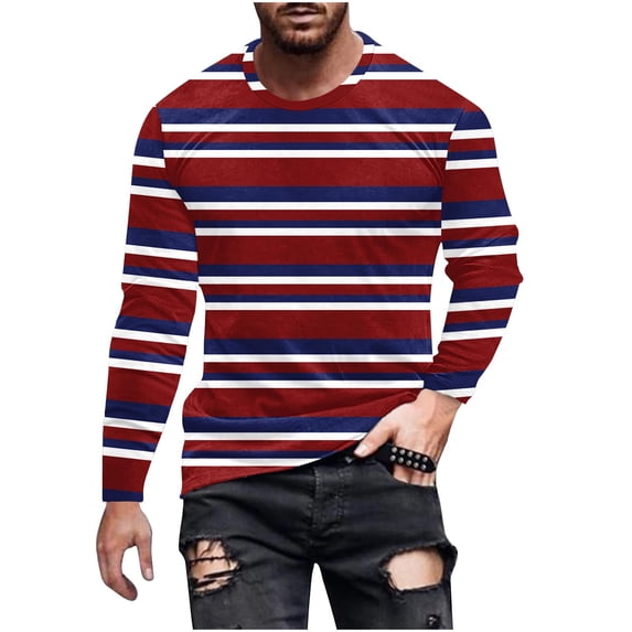 ZUKMRJPC Men's Striped Long Sleeved T-Shirts Casual Vintage Crewneck Loose Fit Pullover Tees Daily Soft Comfy Cotton Tops