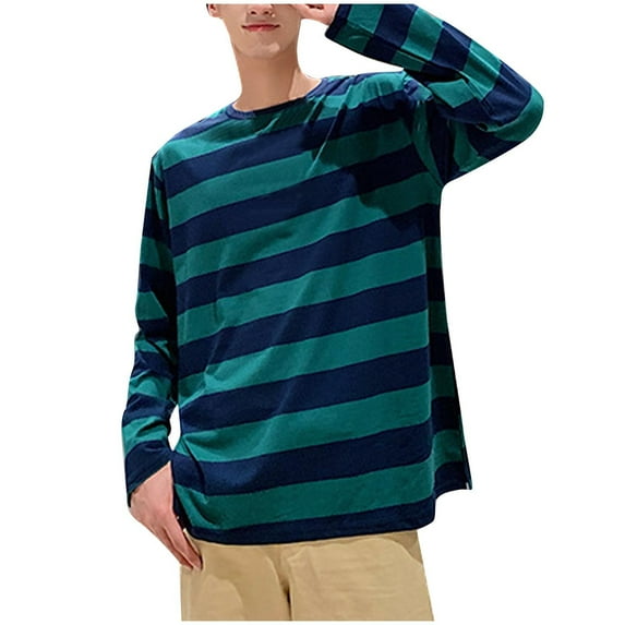 ZUKMRJPC Men's Striped T-Shirt Casual Loose Long Sleeve Crewneck Solid Color Shirts Basic Daily Sports Pullover Tee Tops