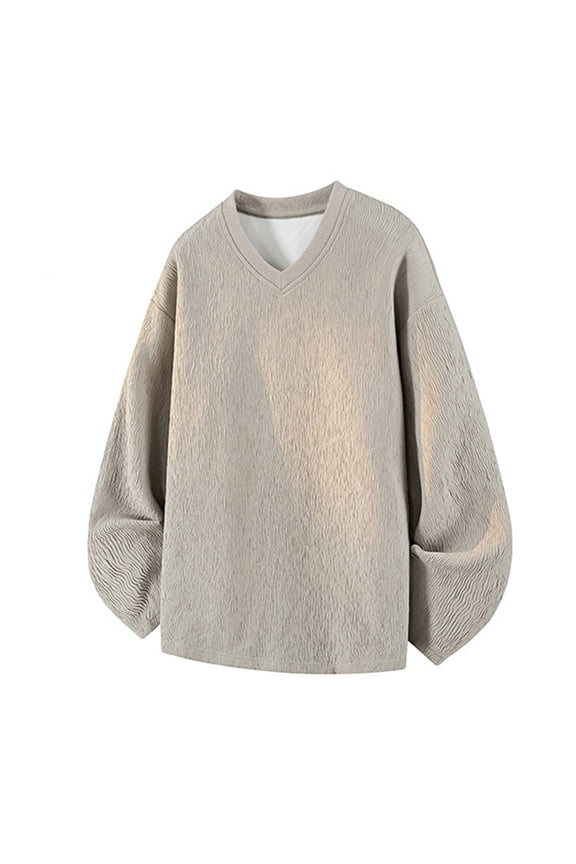 Men's V Neck Shirts Casual Loose Solid Color Thermal Fleece Lined Pullover Tees Fall Winter Long Sleeve Warm Base Layer Tops