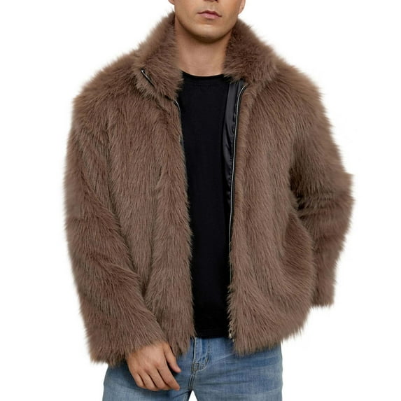 ZUKMRJPC Men's Vintage Faux Fur Coat Zipper Lapel Warm Soft Comfy Winter Cardigans Coats Long Sleeve Loose Fit Lapel Thick Jacket