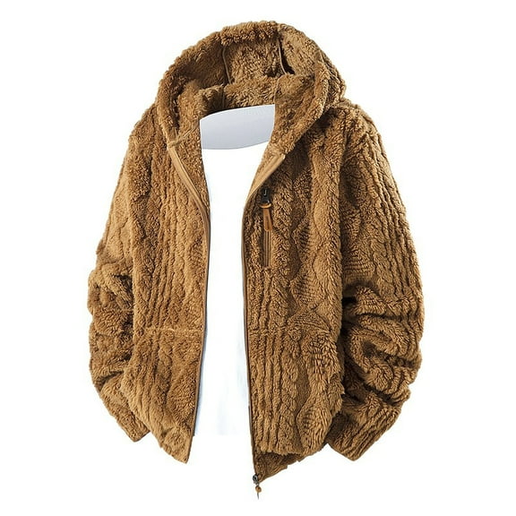 ZUKMRJPC Men's Vintage Fleece Jacket Casual Fluffy Full Zip Knitted Jacquard Textured Jackets Winter Warm Cozy Thick Hooded Coats