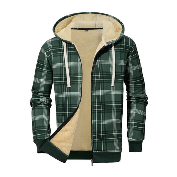 ZUKMRJPC Men's Vintage Plaid Hooded Sweatshirt Full Zipper Long Sleeve Drawstring Outwear Regular Fit Winter Warm Cozy Fleece Lined Jacket