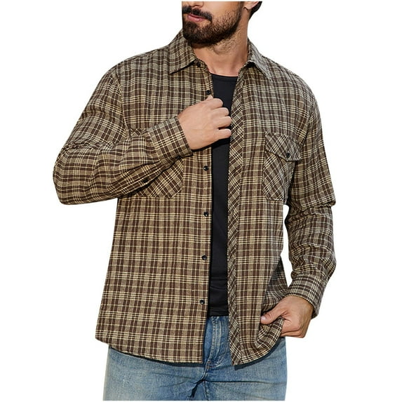ZUKMRJPC Men's Vintage Plaid Shirts Long Sleeve Classic Button Down Lapel Casual Shirt Jacket Lightweight Work Shirt with Flap Pocket