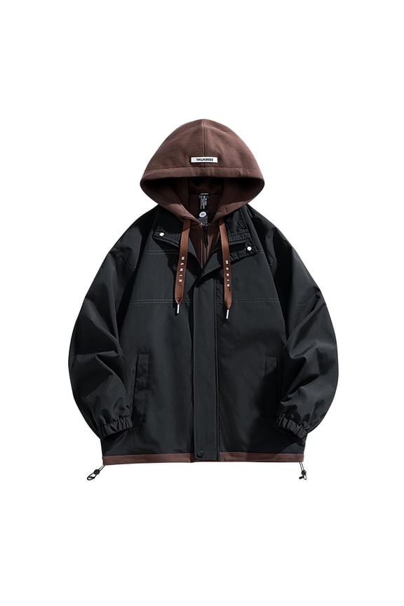 Men's Workwear Jacket Fake Two Pieces Long Sleeve Patchwork Hooded Jackets Full Zip Lightweight Baggy Jacket with Pockets