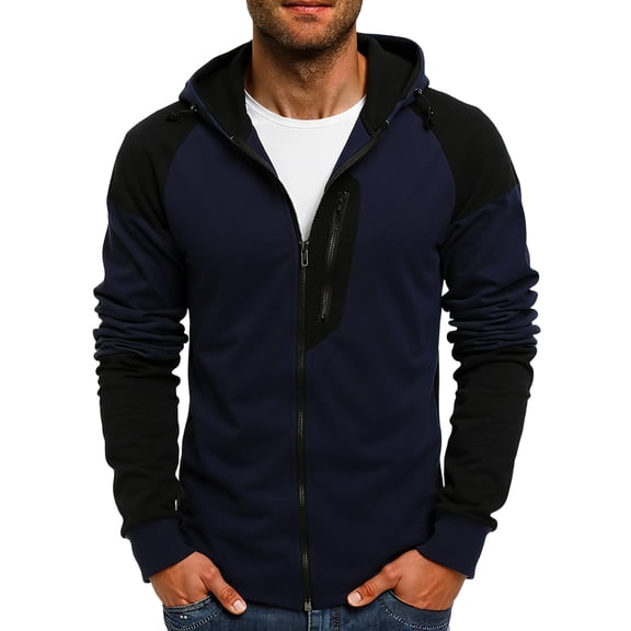 ZUKMRJPC Men's Zip Up Hoodies Long Sleeve Fashion Color Block Hooded Jackets Slim Fit Casual Warm Fleece Lined Hooded Outwear