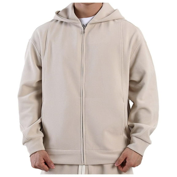 ZUKMRJPC Men's Zip Up Hoodies Long Sleeve Solid Color Waffle Knitted Hooded Sweatshirt Casual Lightweight Jacket Coat with Pockets