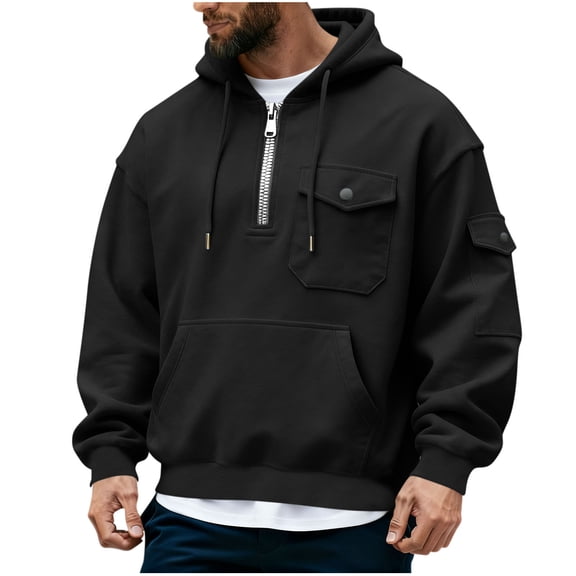 ZUKMRJPC Mens Casual Hoodies Long Sleeve Drawstring Quarter Zip Hooded Sweatshirts Warm Fleece Lined Pullover Tops with Multi-Pockets