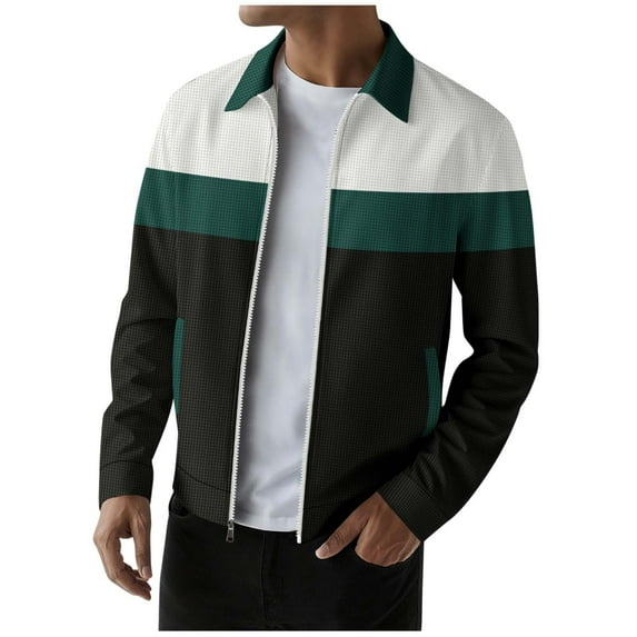 ZUKMRJPC Mens Casual Jacket Lightweight Patchwork Color Block Textured Track Jacket Fall Zip Up Turndown Collar Jacket with Pocket